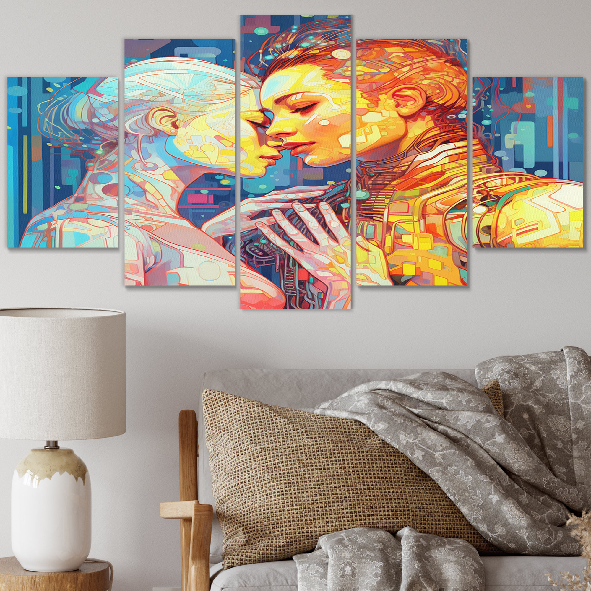 Ivy Bronx Retro Robot Couple In Love - Robot Wall Art Print - 5 Panels ...