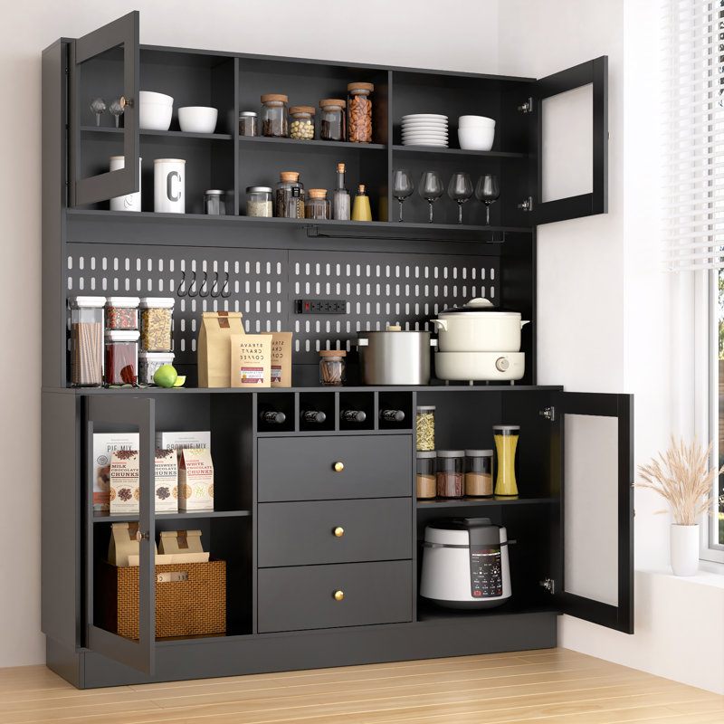 Arbela 63''W Stand Alone Wood Kitchen Pantry with Wine Rack, Glass Doors, Shelves and Cabinets Spacious Countertops and 3 Drawers for Food Storage
