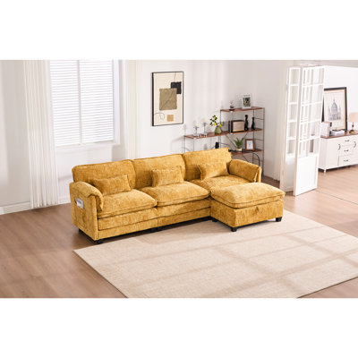 Canapé modulaire confortable en chenille avec tissu doux, structure et peau en bois massif - pour espace de vie surdimensionné éponge à haute densité de 112 po, support pour téléphone à poches latérales