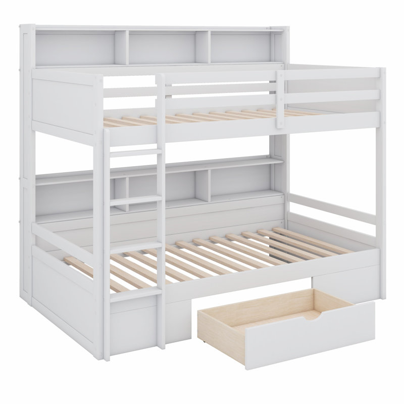 Lit superposé avec tablettes intégrées à côté des lits supérieur et inférieur et tiroir de rangement, Blanc