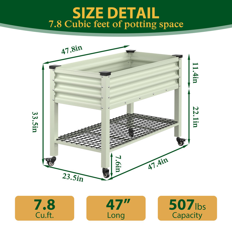 Elevated Galvanised Steel Planter With Wheels, Cream