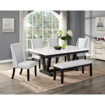 Ensemble de salle à manger 6 pièces Ensemble de salle à manger en marbre véritable blanc de style contemporain avec dessus de table capitonné gris et gris