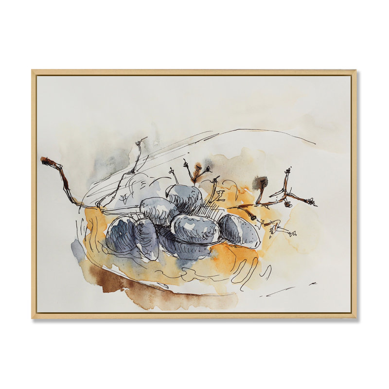 Raisins bleu foncé sur une plaque orange - peinture sur toile, H 16 po x l 32 po, Cadre flottant en érable