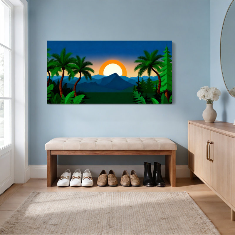 Ensemble de 1 tableau sur toile tendue représentant un paysage tropical au coucher du soleil, H 12 po x l 36 po