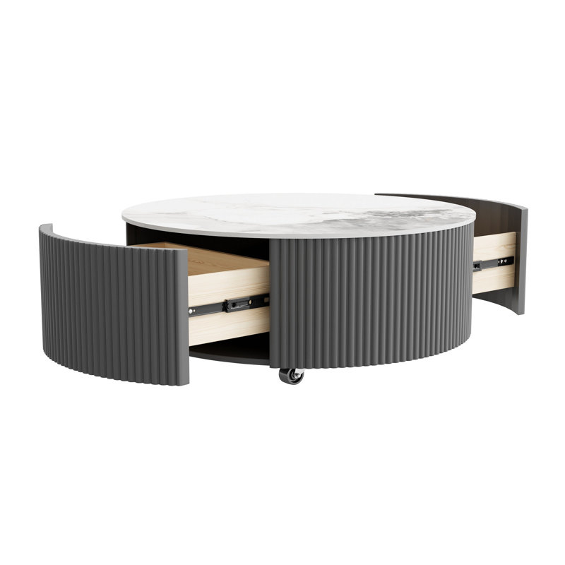 Table basse ronde moderne mobile avec roulettes, 2 tiroirs, plateau en pierre frittée à motif marbré, 29,5 po