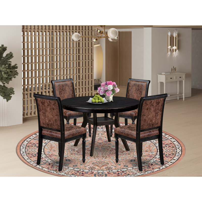 A14FF9E17DA04AEB9F207422E2D70823 L'ensemble de salle à manger 5 pièces comprend une table ronde et 4 chaises en polyester, noir sablage