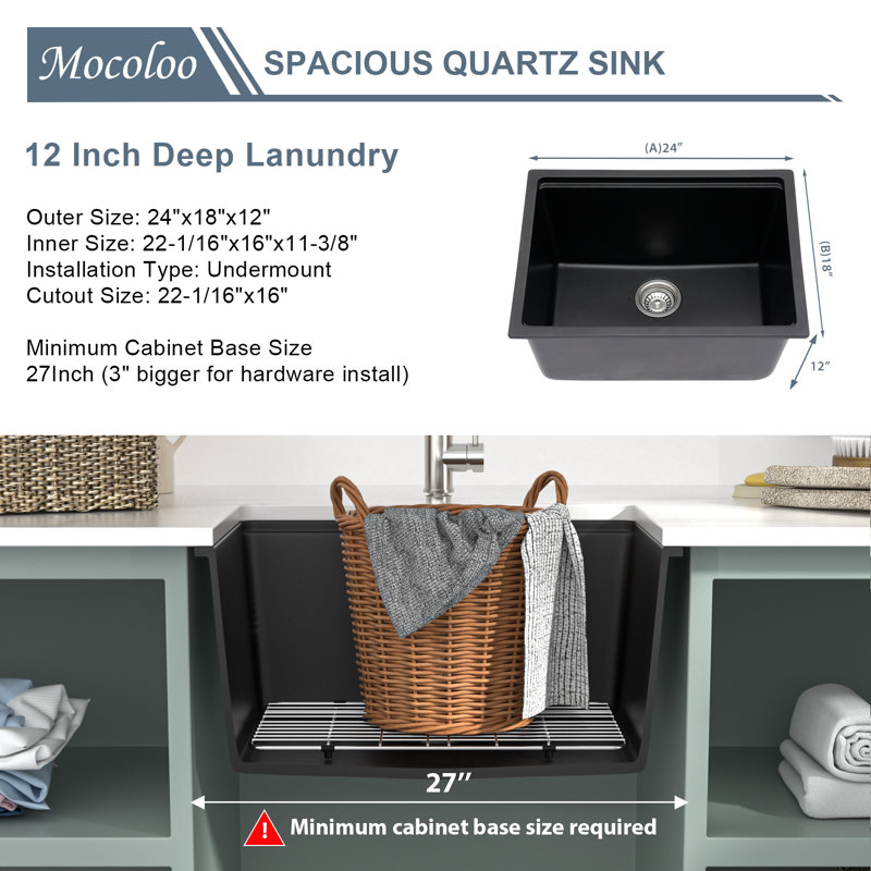 Évier de service encastré en quartz noir 24 po Moccoo, L 24 po x l 18 po