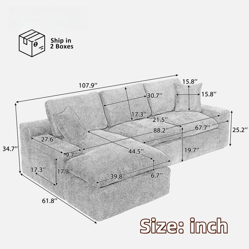 Free-combined Upholstered Sofa Couch With Double-layer Cushion, Side Pockets And Two Throw Pillows, Gray
