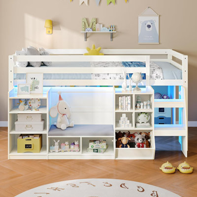  Twin Low Loft Bed for Kids with Bookcase, RGB LED Lights & Reading Nook, Secret Under-Bed Play Space, Safety Guardrail, 2 Wide Steps, White