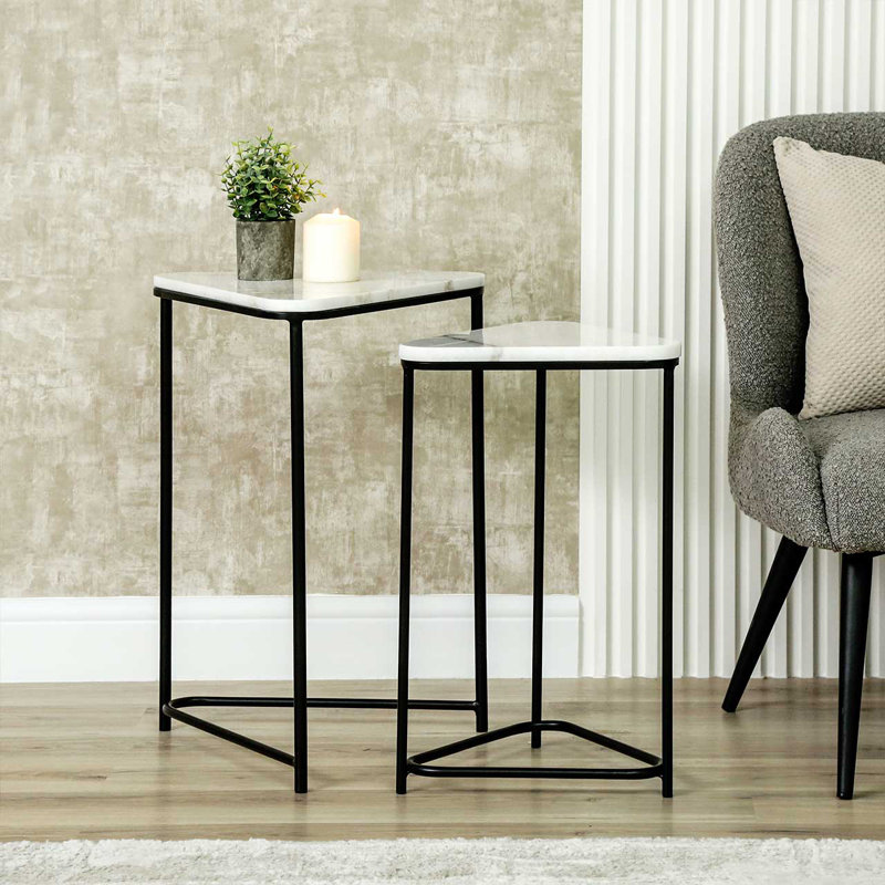 Metal Nesting End Table For Living Room Furniture, Marble Top Nest Of 2 Side Tables, Accent Tables