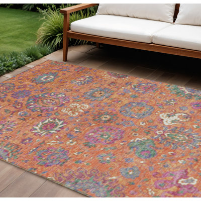 9' X 12' Orange Blue And Pink Floral Washable Indoor Outdoor Area Rug