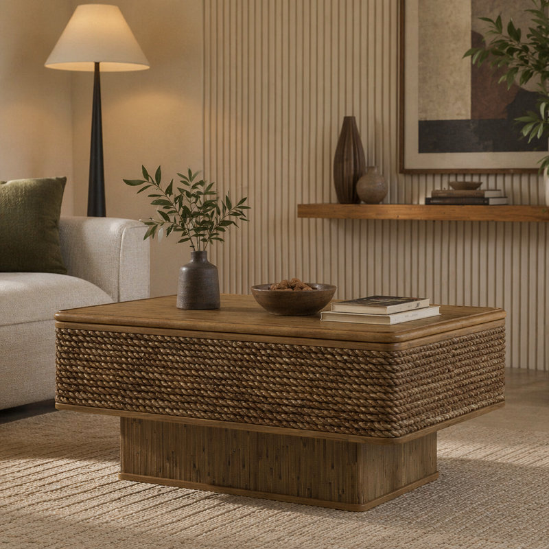 Table basse carrée en rotin et corde de chanvre avec rangement réglable