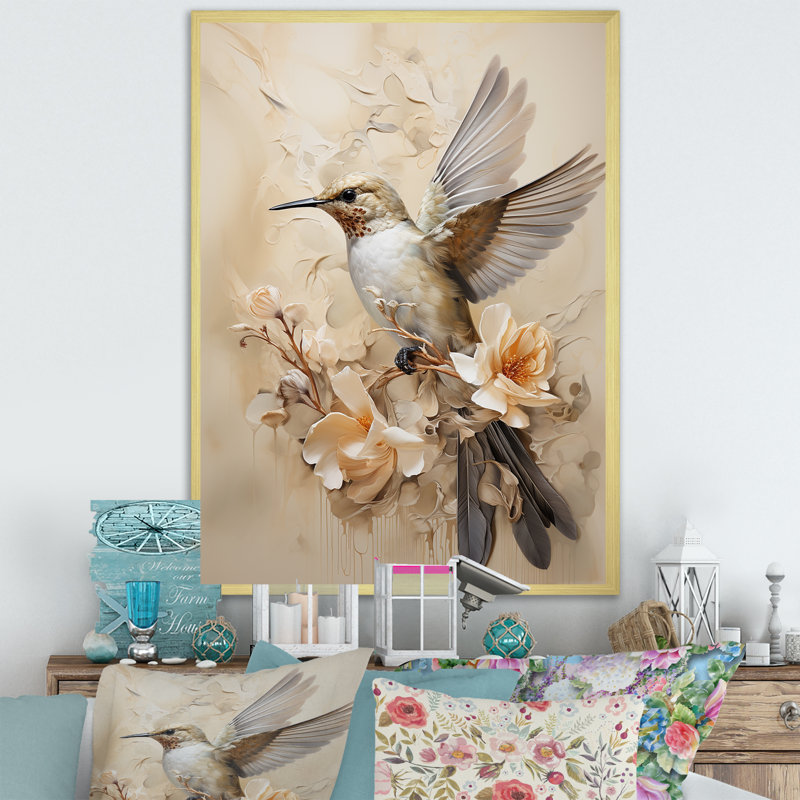 Colibri floral flottant I - Art mural colibri pour le salon, H 40 po x l 30 po x P 1,5 po, Cadre doré simple