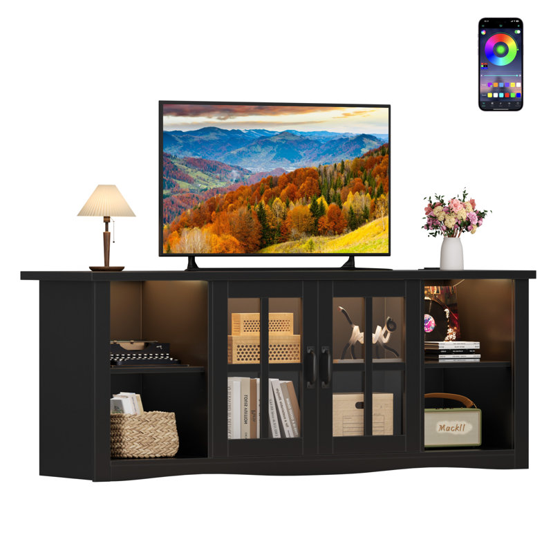 Rustic Farmhouse 58" Tv Stand For Tvs Up To 65", Solid Wood Entertainment Center With Glass Doors, Adjustable Storage, Built-In Charging Hub & Smart Led Lighting