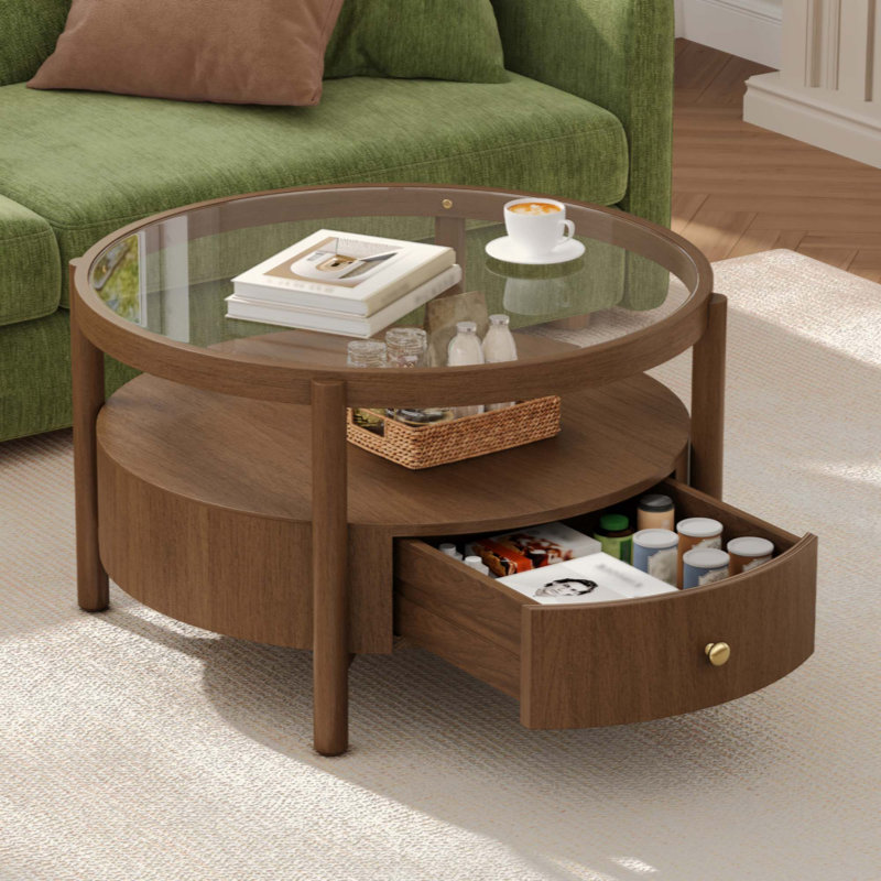 Table basse ronde en bois massif avec plateau en verre et tiroir de rangement, table centrale circulaire à deux niveaux de style moderne du milieu du siècle, table basse en bois pour salon