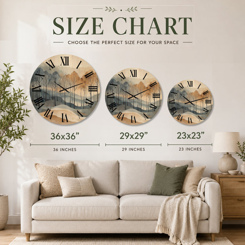 Horloge murale en bois massif Japandi Amber Mist Woodland I, Médium