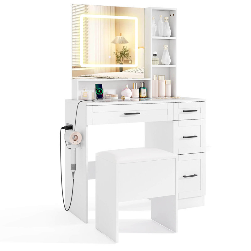 Ensemble de coiffeuse 35,5 "avec miroir et lumières 2 tablettes ouvertes