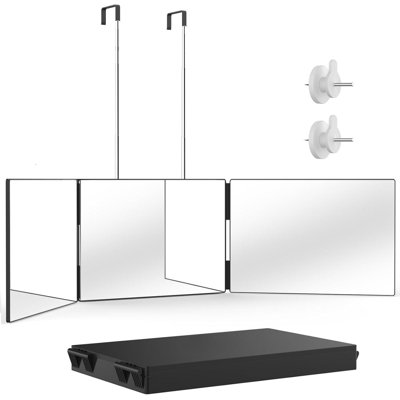 Miroir à 3 positions pour la coupe des cheveux, miroir à trois positions pour le rasoir et le maquillage, hauteur réglable avec deux clous de maintien, angle de vue de 360 degrés, verre HD antibuée transparent