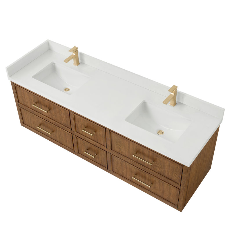 Meuble-lavabo double mural Isola WM 72 po, fini noyer grillé, comptoir en quartz blanc, lavabos carrés encastrés (1 trou), garniture en bronze satiné