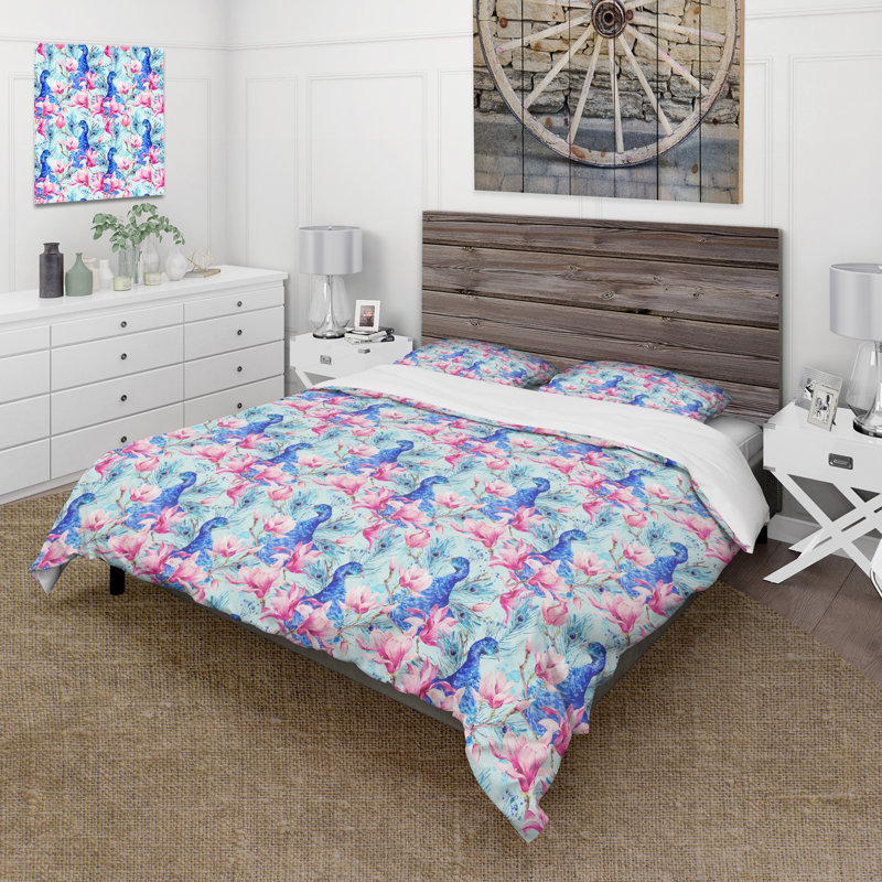 Paons avec des fleurs de magnolia - ensemble de housse de couette traditionnel - microfibre de polyester