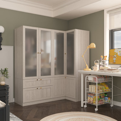 Modern Corner Wardrobe With Glass Doors, Ample Storage, And Gold Hardware - Two-Pack Shipping