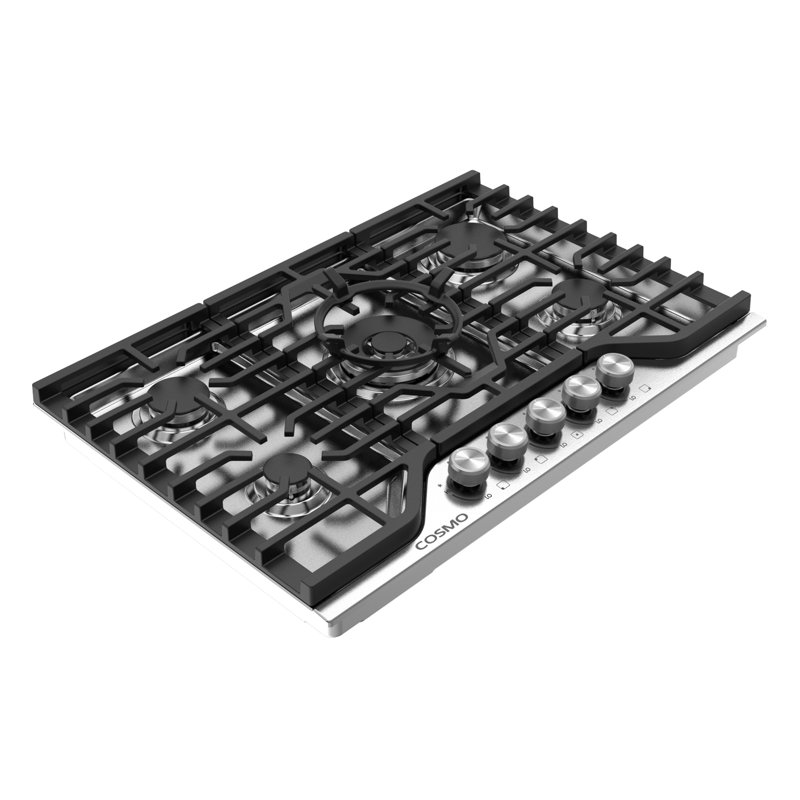 Cosmo 30 po Plaque de cuisson au gaz avec 5 brûleurs, boutons en métal et grilles en fonte Vista Steel