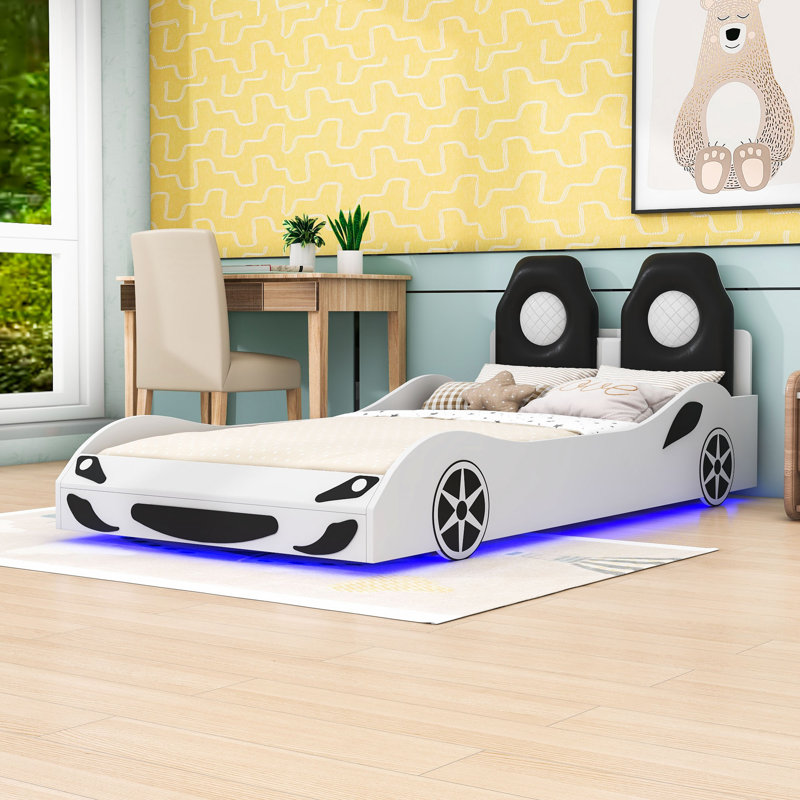 Lit plateforme tapissier en bois en forme de voiture avec éclairage DEL, Blanc