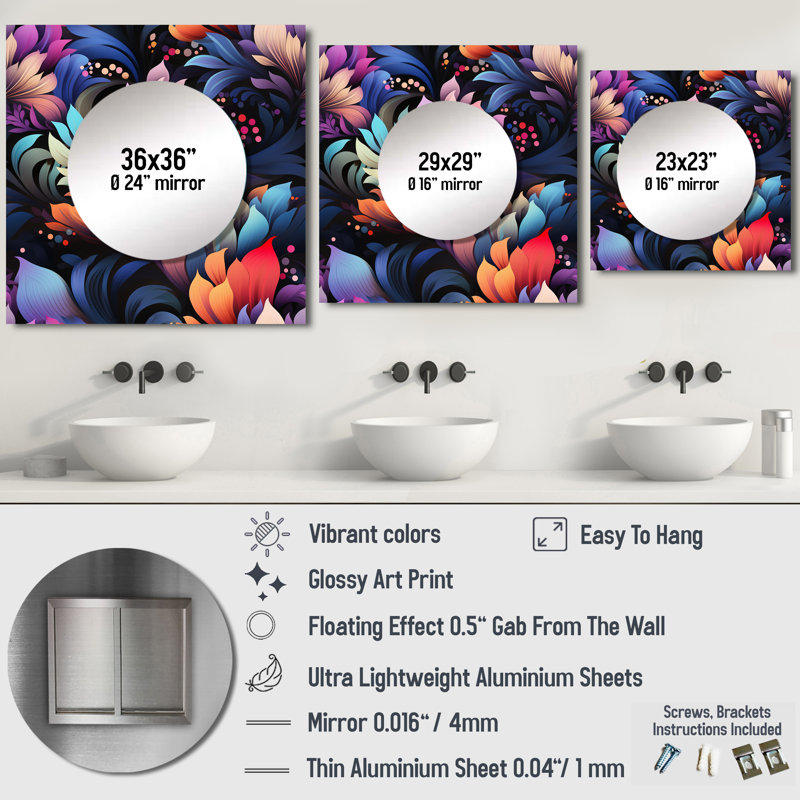 Multicolor Futurist Damask Nexus - Floral Large Square Mirror For Wall Art Decor, 23" x 23"
