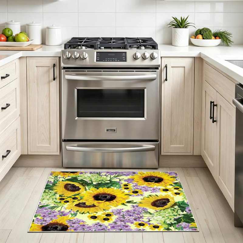 Tapis d'intérieur mauve lavable à la machine, tournesols et fleurs, Rectangle 32 po x 47 po