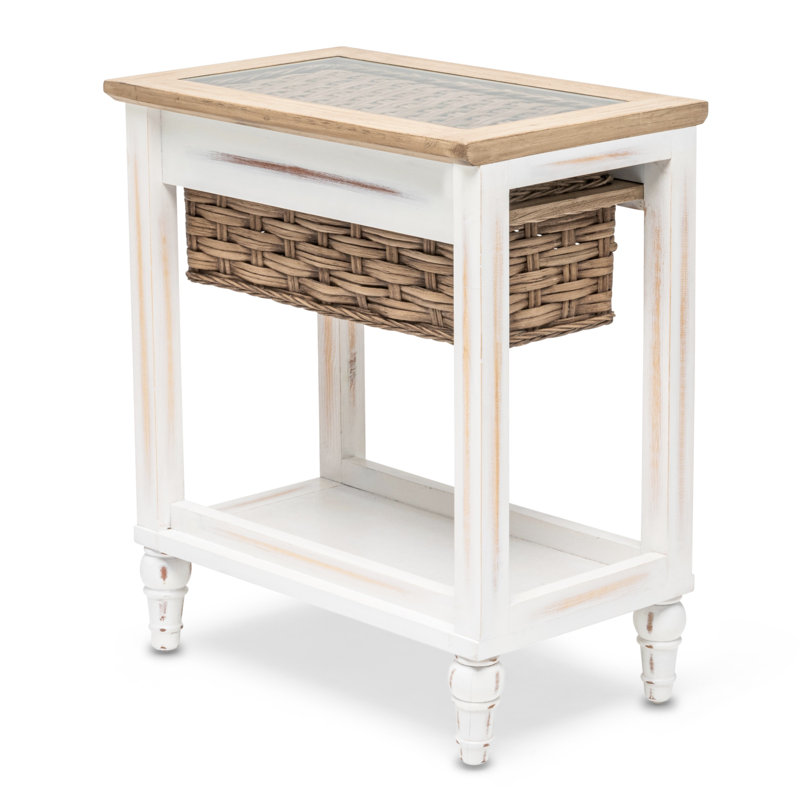 Ewart Beachside Chairside with Wicker Rattan Basket End Table with Glass Inlay, White