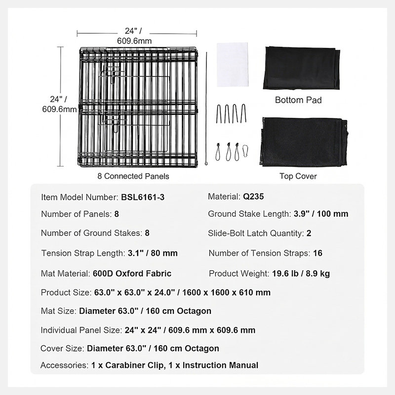 8 Panel Foldable Metal Dog Playpen with 600D Oxford Top Cover and Bottom Pad, 24 Inch High Pet Fence with 8 Ground Stakes and 2 Gate Latches