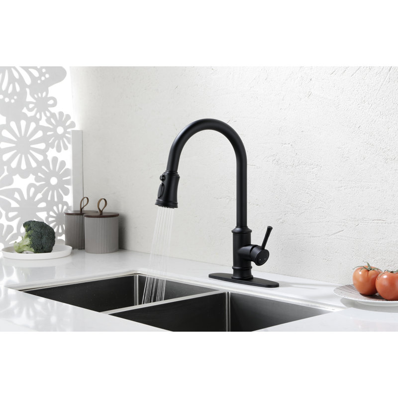 Robinet de cuisine monocommande à grande arche coulissant avec duvet en noir mat, acier inoxydable, homologué, débit de 1,8 gal / min, robinet noir facile à installer et à faire fonctionner