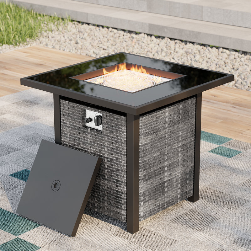 Table de foyer d'extérieur au propane 28 po avec rotin PE, réservoir de carburant caché et couvercle pour patio, Gris