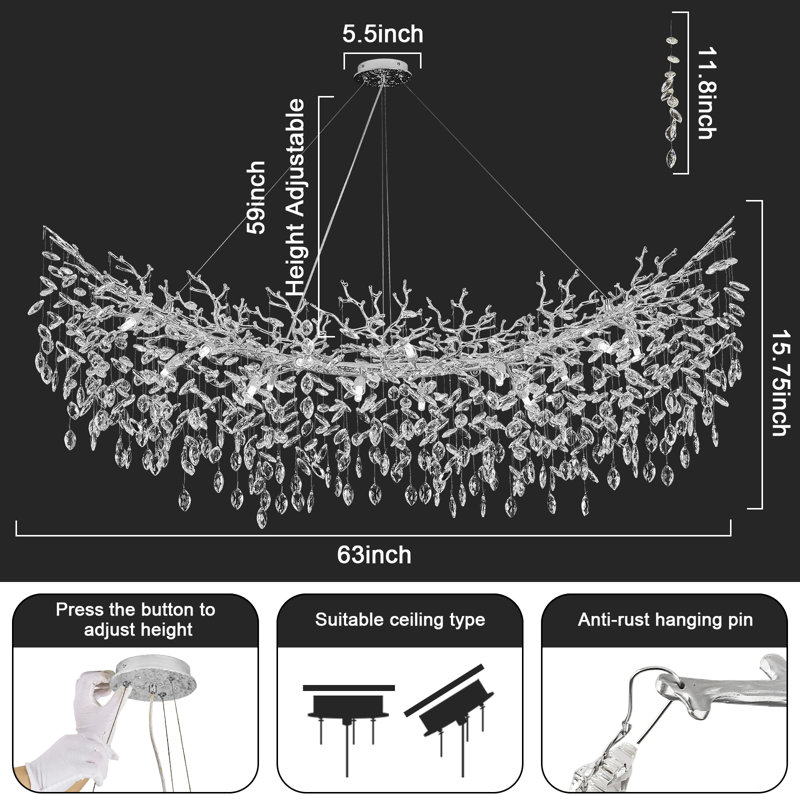 Tree Branch Crystal Chandelier Lighting, 18, Silver/White, 15.7" H x 63" W x 15.7" D