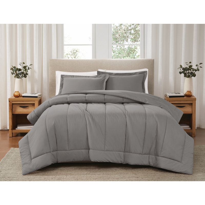 Brooklyn Loom Solid Cotton Percale Comforter Set, Gray, King + 2 King Shams