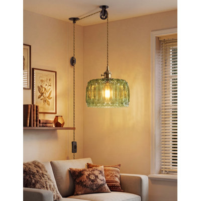 Luminaire suspendu vert rétro à brancher - pas de branchement câblé avec cordon long et interrupteur en ligne, lampe suspendue en verre soufflé à la main pour évier de cuisine, coin lecture, coin chambre (10 pouces)