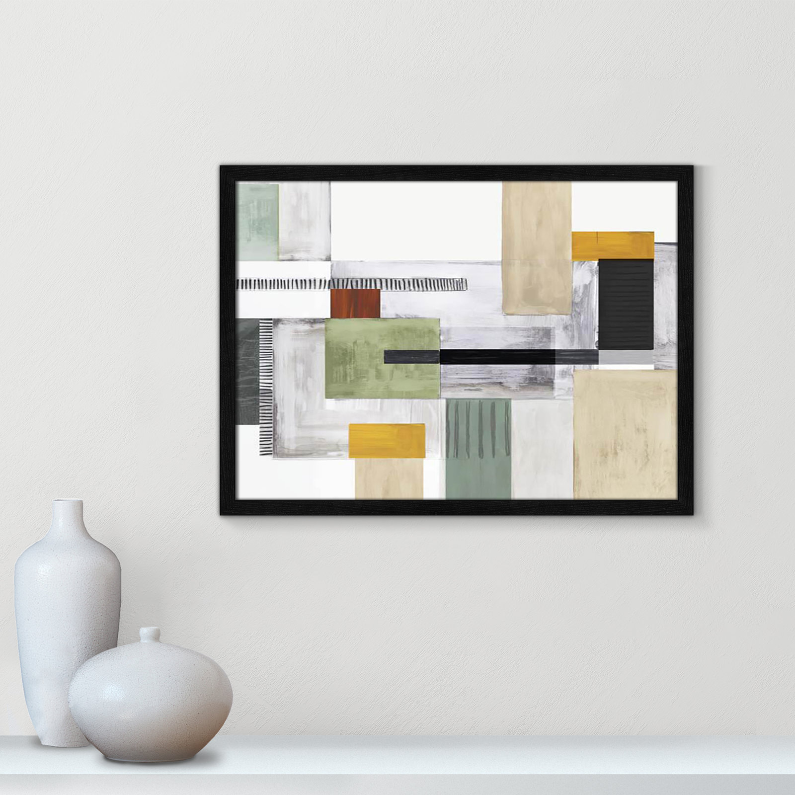 Playful Blocks by Tom Reeves, No Mat, 17" H x 23" W x 0.75" D, Black Slim Picture Framed