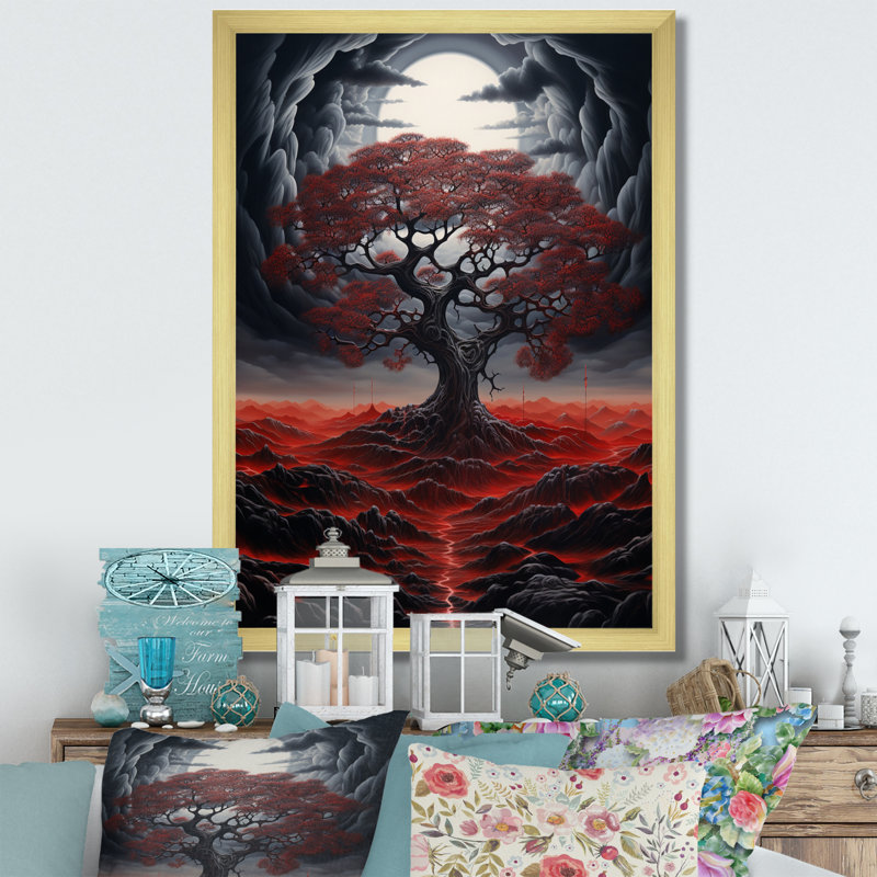 «Occult Red Tree Full Moon Mountain Magic», reproduction sur toile, H 40 po x l 30 po x P 1,5 po