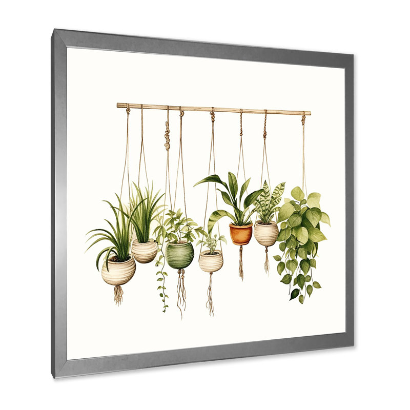 Plantes suspendues aquarelle botanique bohème, H 24 po x l 24 po x P 1 po, Cadre simple argenté