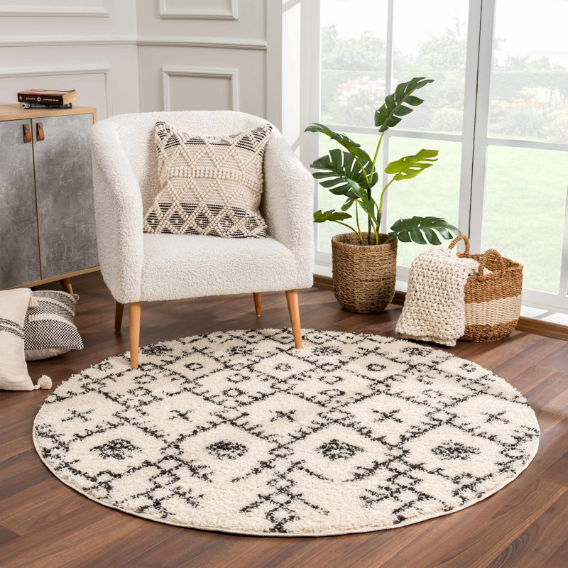 Tapis beige / noir à poils longs Adeen, Rond 7 pi 10 po