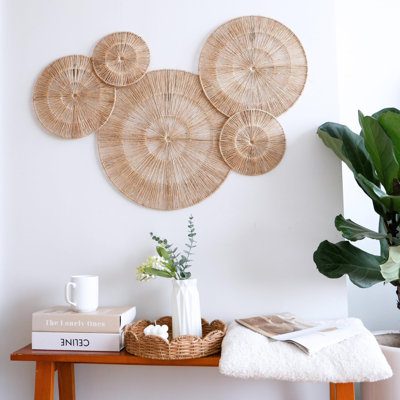 18 Inch Boho Wall Decor – Set Of 5 Woven Jute Wall Baskets, Boho Wall Art & Decorative Basket Set, Farmhouse Wall Hanging, Handwoven Wall Plates For Living Room, Bedroom – 18", 14", 11", 8", 7"