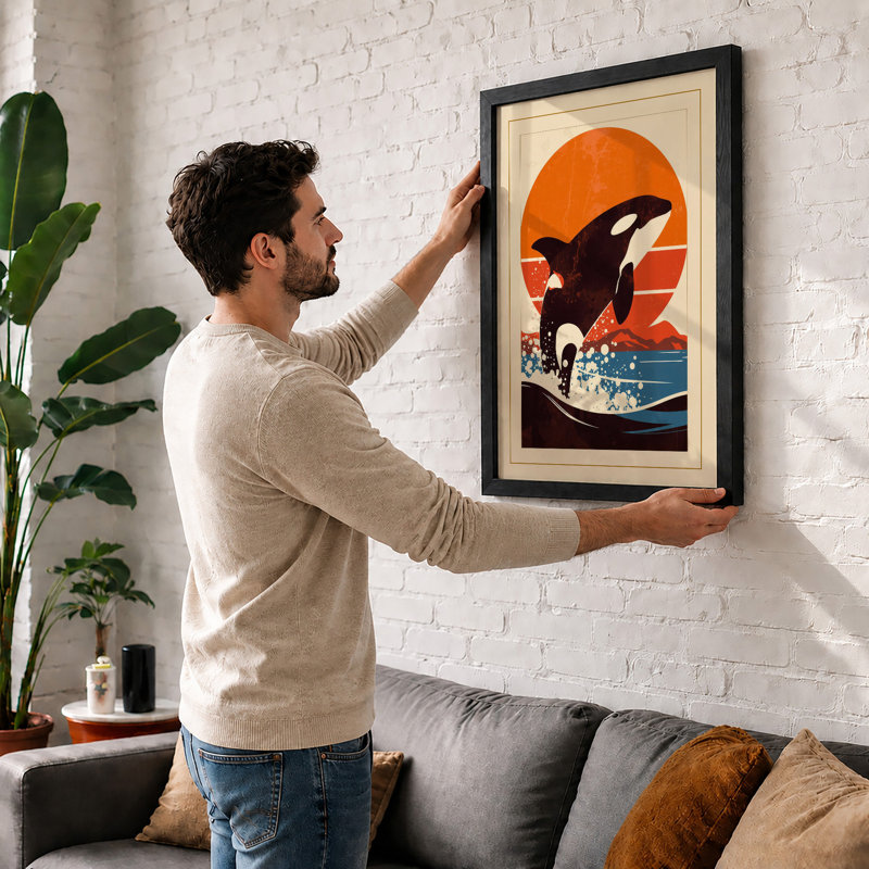 Leaping Orca At Sunset Art Deco - Print, Unframed, A2 - 59.4 x 42.0 cm