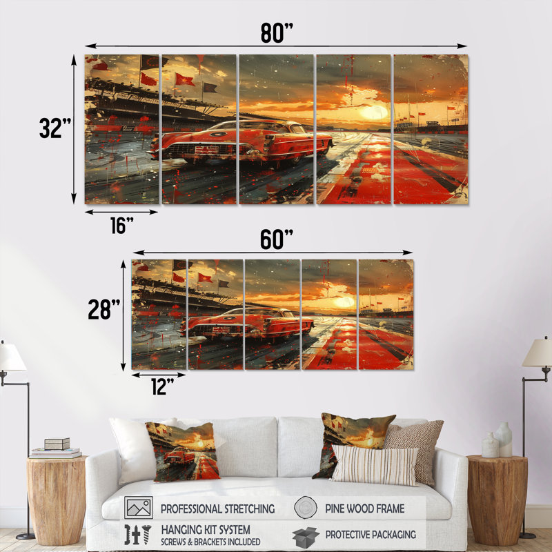 Drapeau américain, couleur de la course rétro «Muscle Race I», ensemble d'art mural, H 32 po x l 80 po