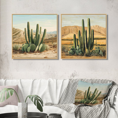 Cactus et le désert - Cactus floral - art mural traditionnel 2 pièces