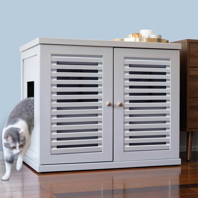 The Refined Litter Box - Wood Cat Litter Box Enclosure Cabinet With Drawer, Bar Style + Feet