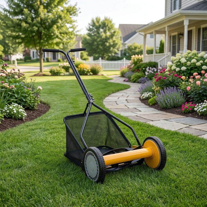 Heavy Duty 14 Inch Manual Push Lawn Mower With 5 Sharp Steel Blades And Removable Grass Catcher Bag For Backyard Garden Yard Lawn Maintenance Use