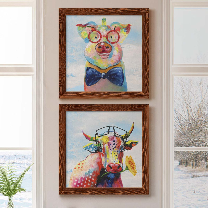 «Groovy Pig And Sky», ensemble de 2 peintures sur toile encadrées, H 17 po x l 34 po x P 1,5 po, Érable encadré