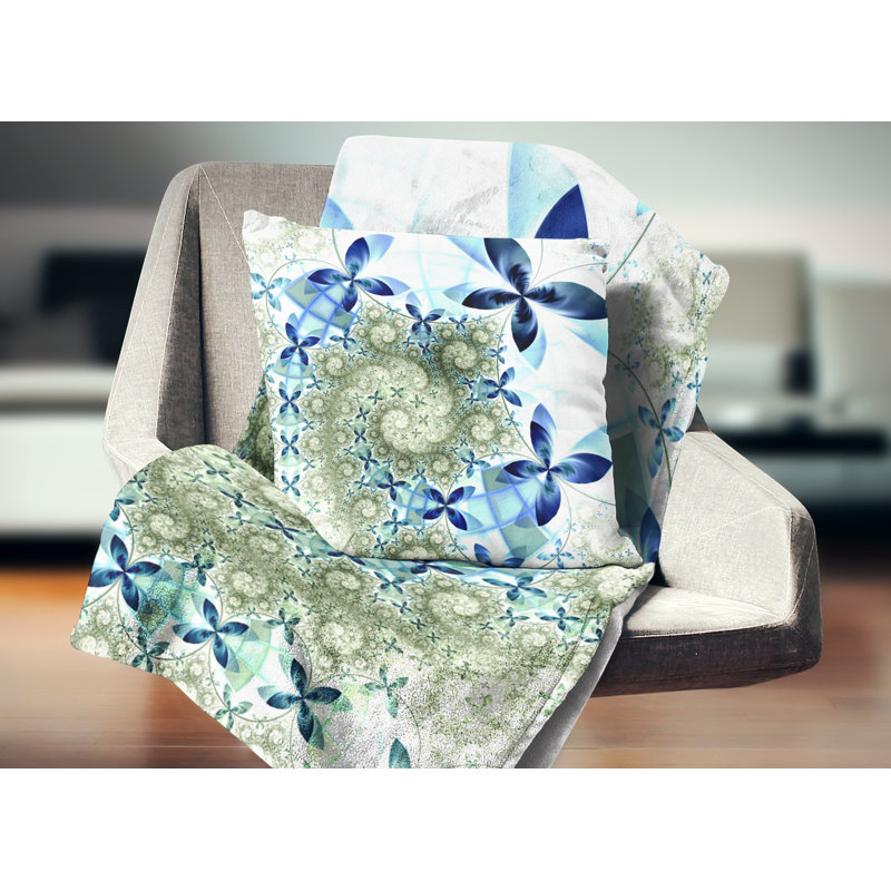 Blue and Green Fractal Flowers - Floral Printed Pillow, 16" x 16", Throw Pillow