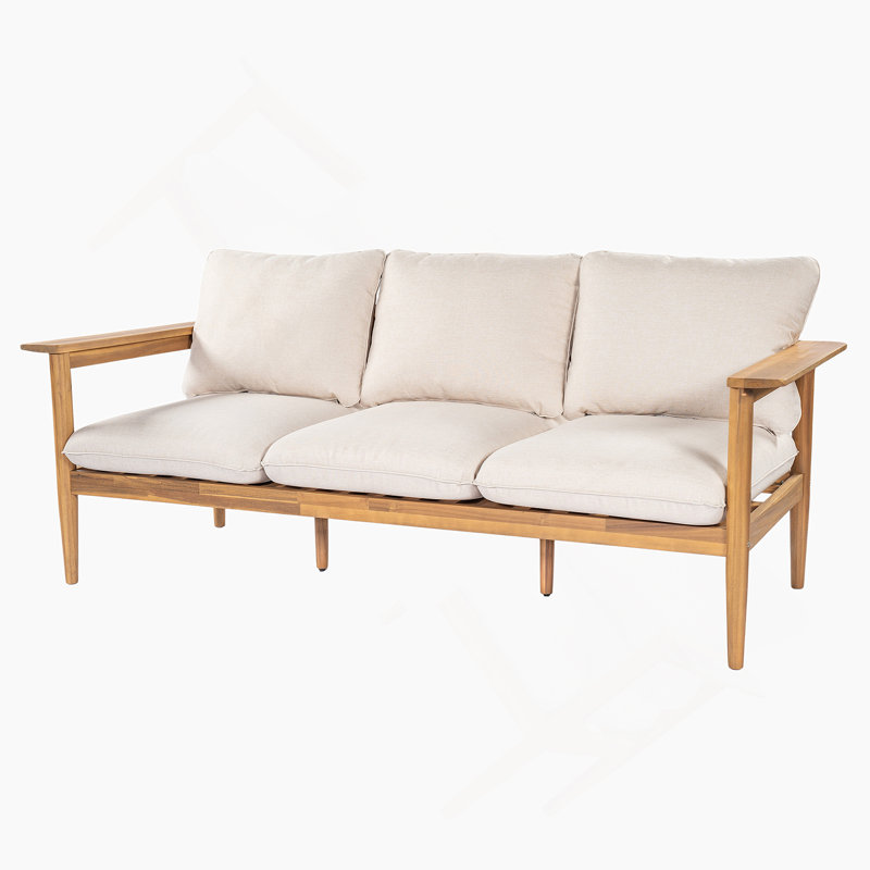 Canapé d'extérieur en bois d'acacia Terassi 3 places avec finition en teck clair et coussins beiges pour une assise durable et élégante.