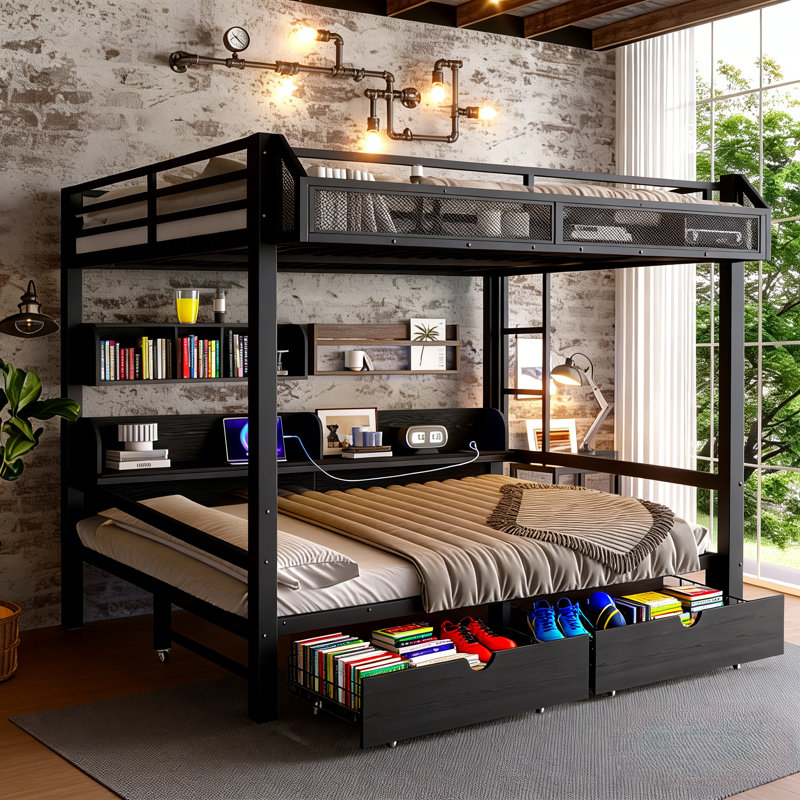 Lit superposé grand sur grand Bellemave avec tablettes et tiroirs de rangement, lits superposés en métal avec ports USB et lumières à DEL, structure de lit superposé non grinçant et stable pour les adolescents et les adultes, noir